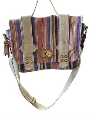 Fossil Multicolor Woven Crossbody Bag Boho Festival Canvas Leather Trim Satchel